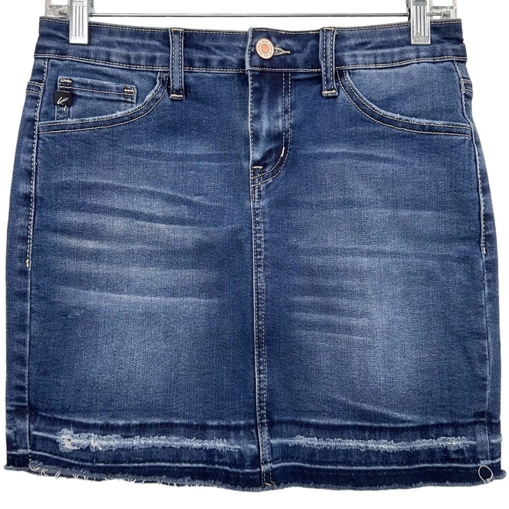 KanCan Stretch Denim Mini Skirt w Raw Distressed Hem & Back Slit Sz 3/25